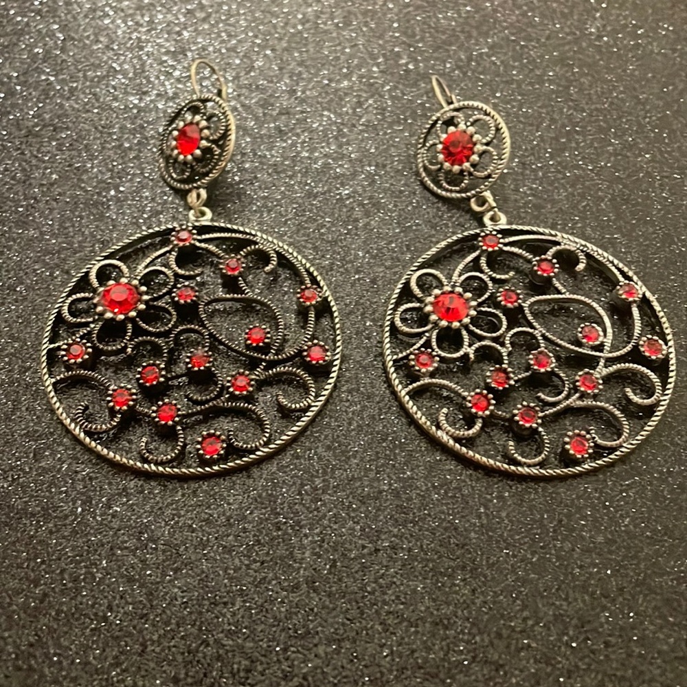 New Statement Pierced Earrings Red and Silver Tone